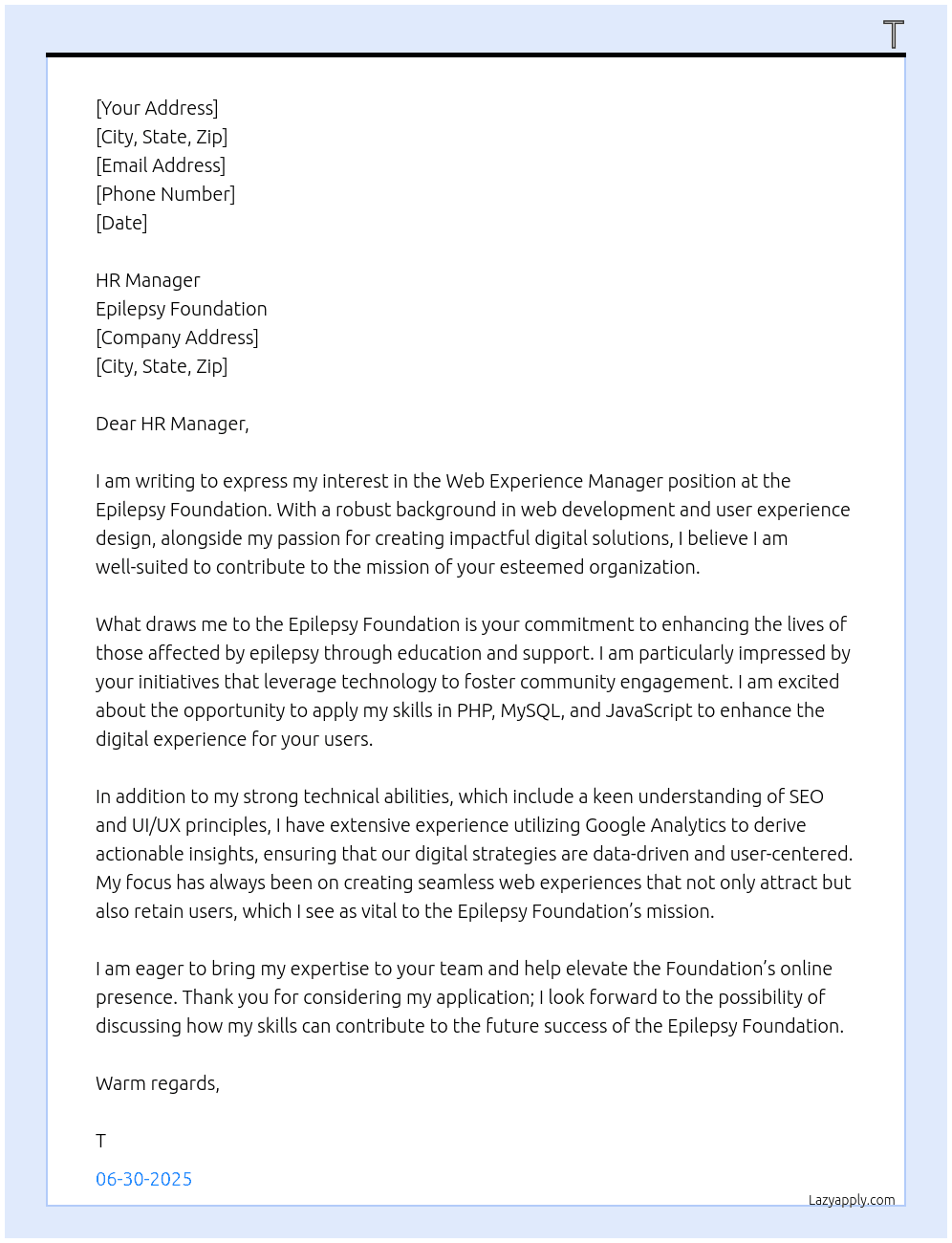 Cover letter for web experience manager - LazyApply