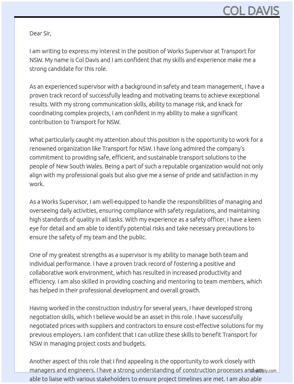 Works Supervisor  At Transport for NSW Cover Letter