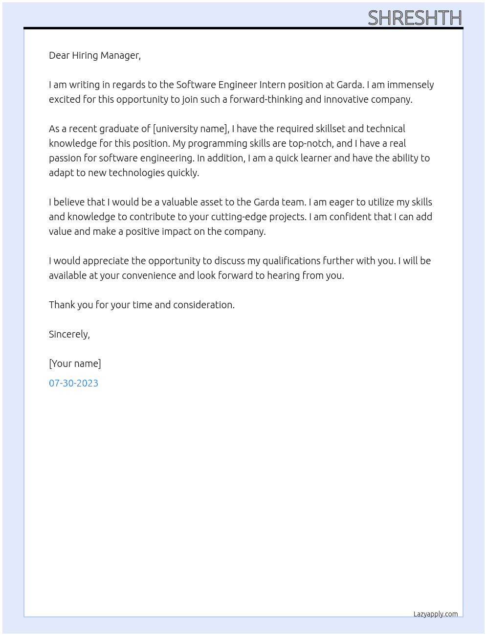Software Engineer Intern At Garda Cover Letter