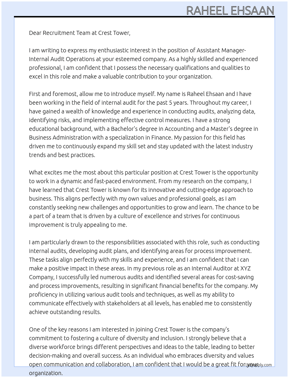 Assistant Manager- Internal Audit Operations At Crest Tower Cover Letter