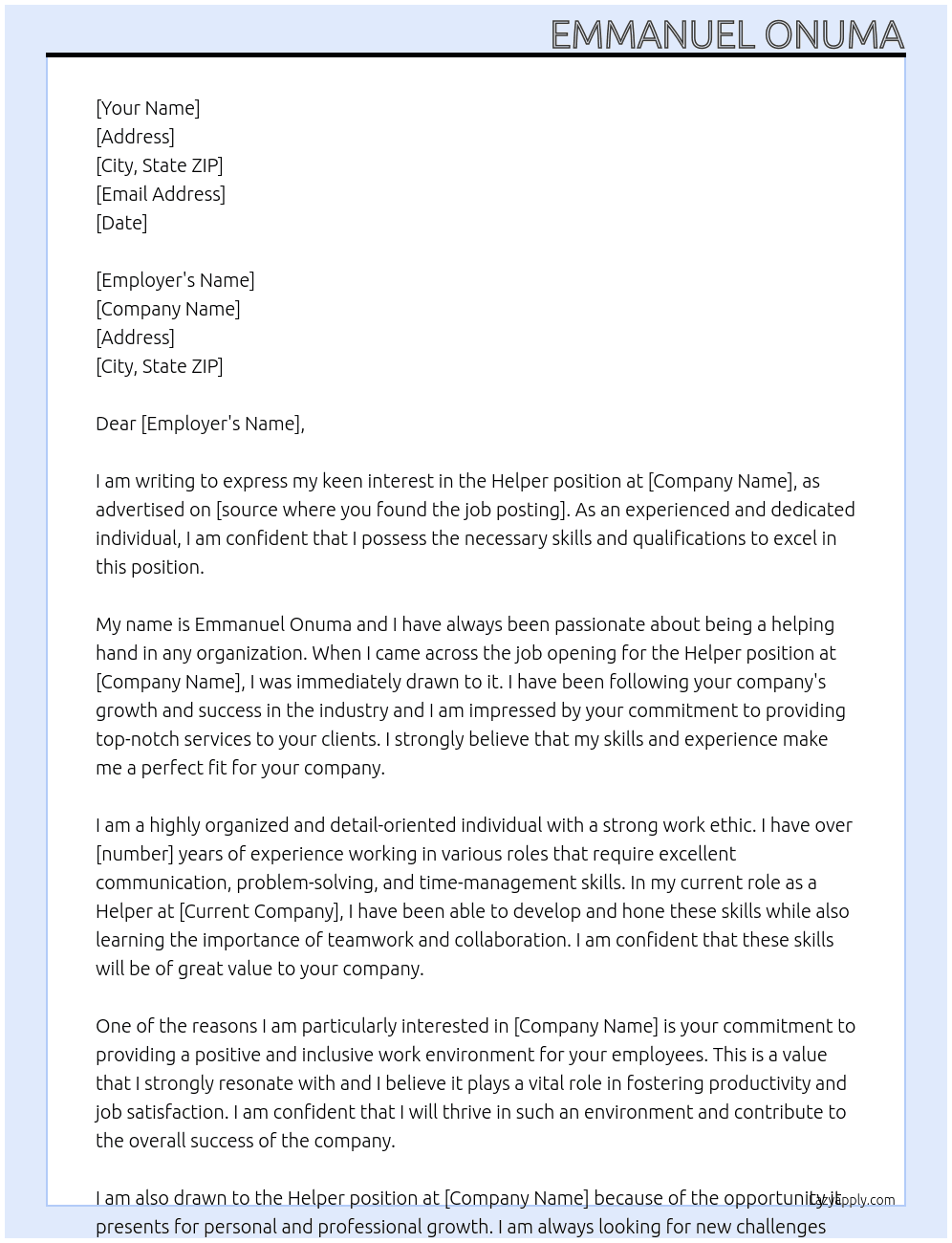 Helper At Emmanuel Onuma Cover Letter