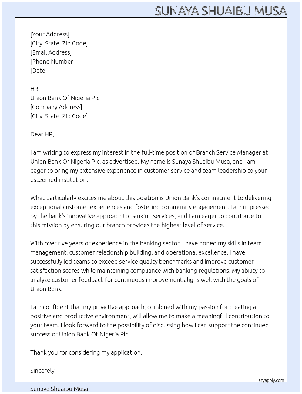 Branch Service Manager At Union Bank Of Nigeria Plc Cover Letter