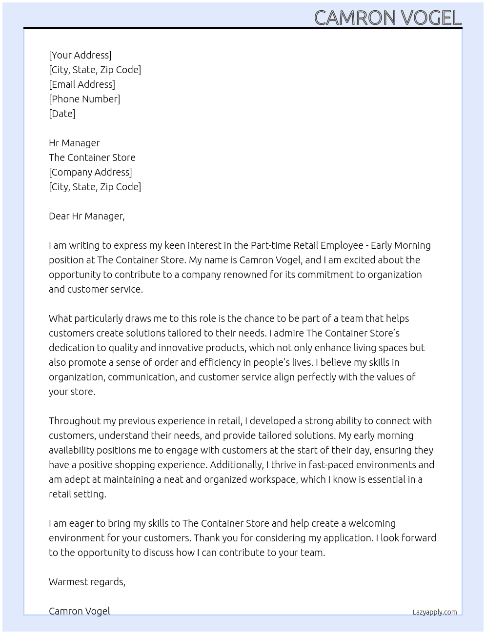 Cover letter for part-time retail employee - early morning - LazyApply