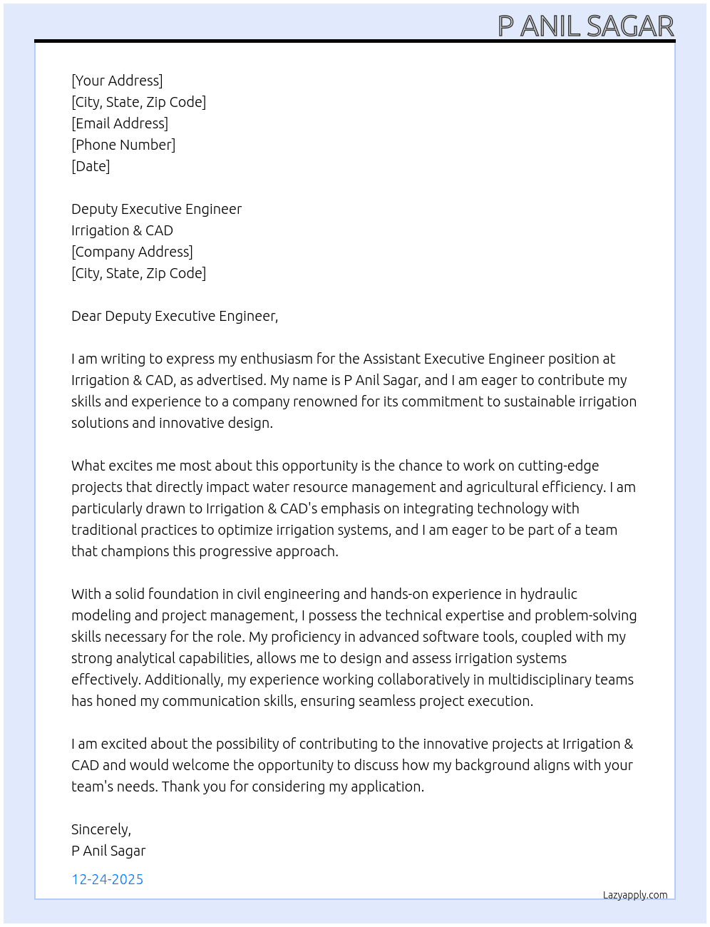 Cover letter for assistant executive engineer - LazyApply