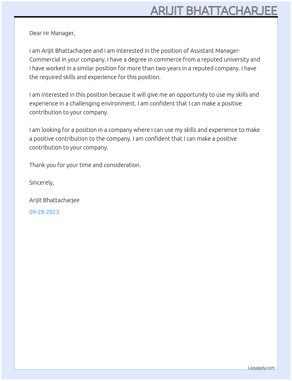 Assistant Manager- Commercial At ADM Cover Letter