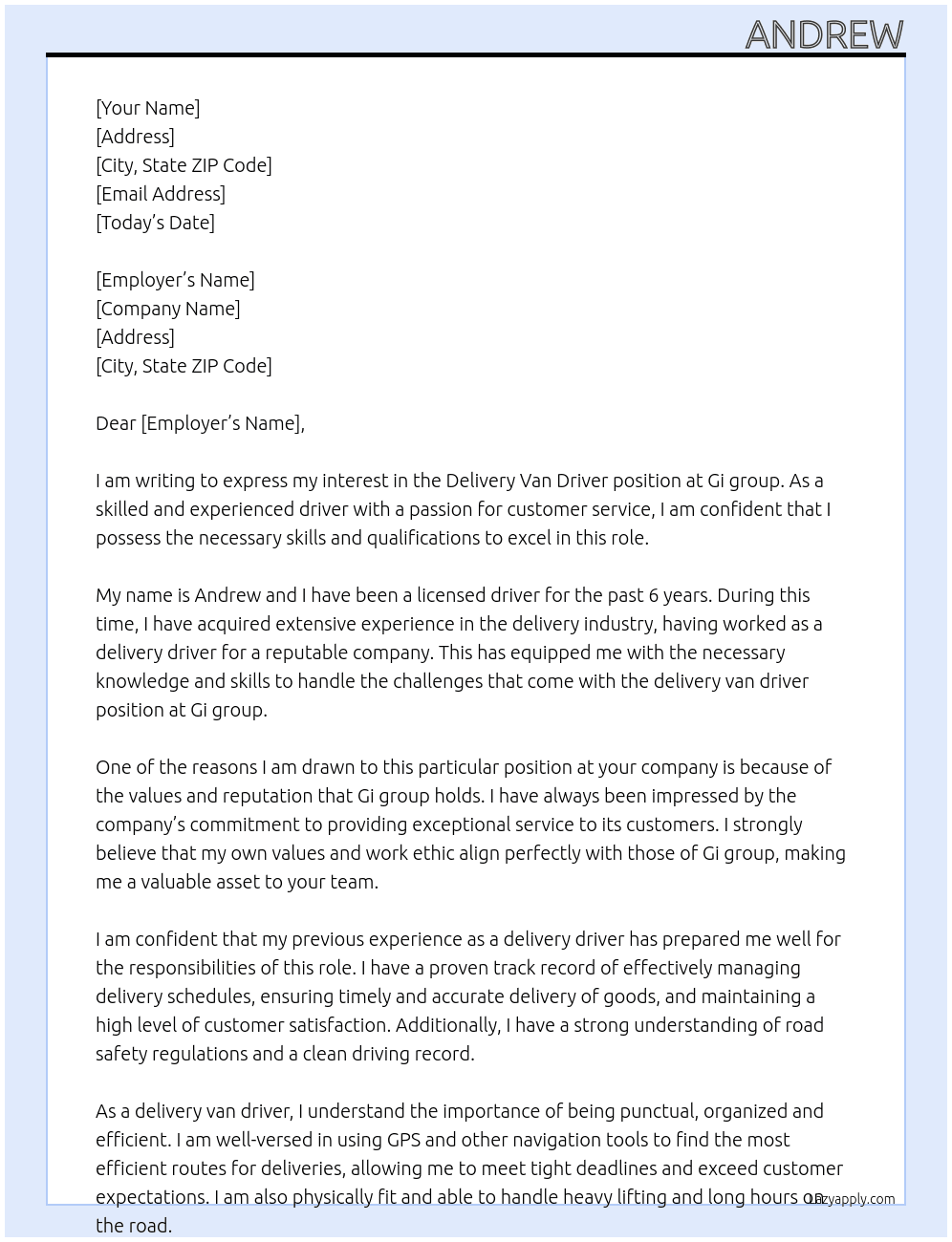 Delivery van driver At Gi group  Cover Letter