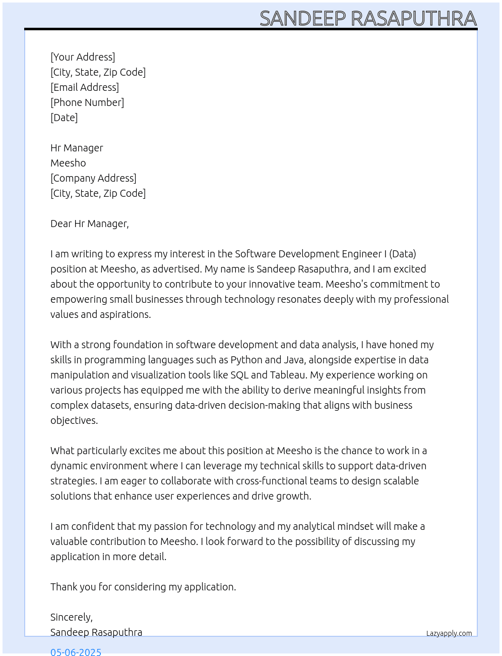 Software Development Engineer I Data  At Meesho Cover Letter