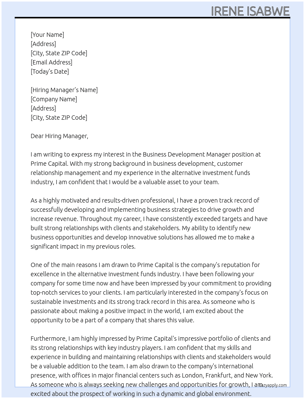Business Development Manager (m/f/d) Alternative Investment Funds At Prime Capitl Cover Letter