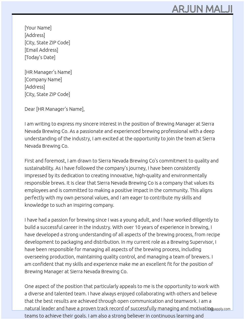 Brewing manager  At Sierra Nevada brewing co Cover Letter