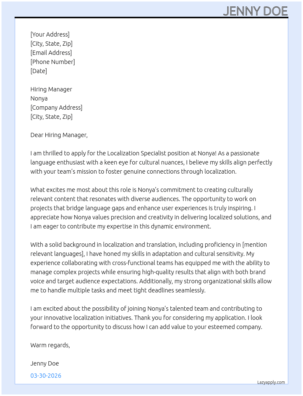 Localization Specialist At nonya Cover Letter
