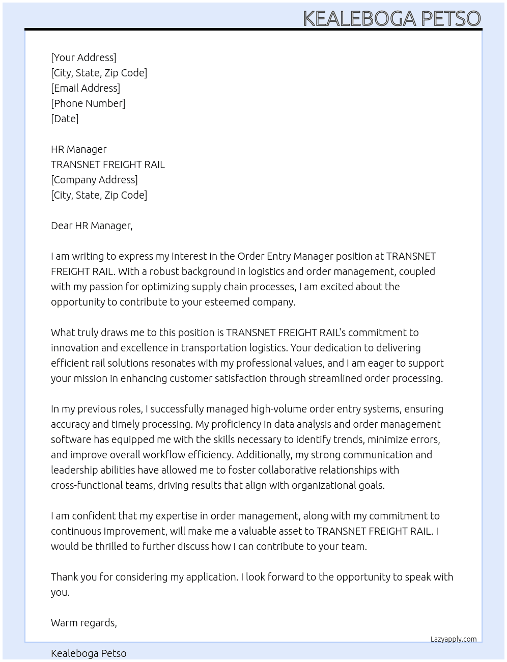 Cover letter for order entry manager - LazyApply