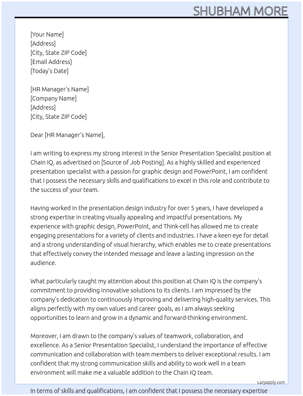 Senior Presentation Specialist  At Chain IQ Cover Letter