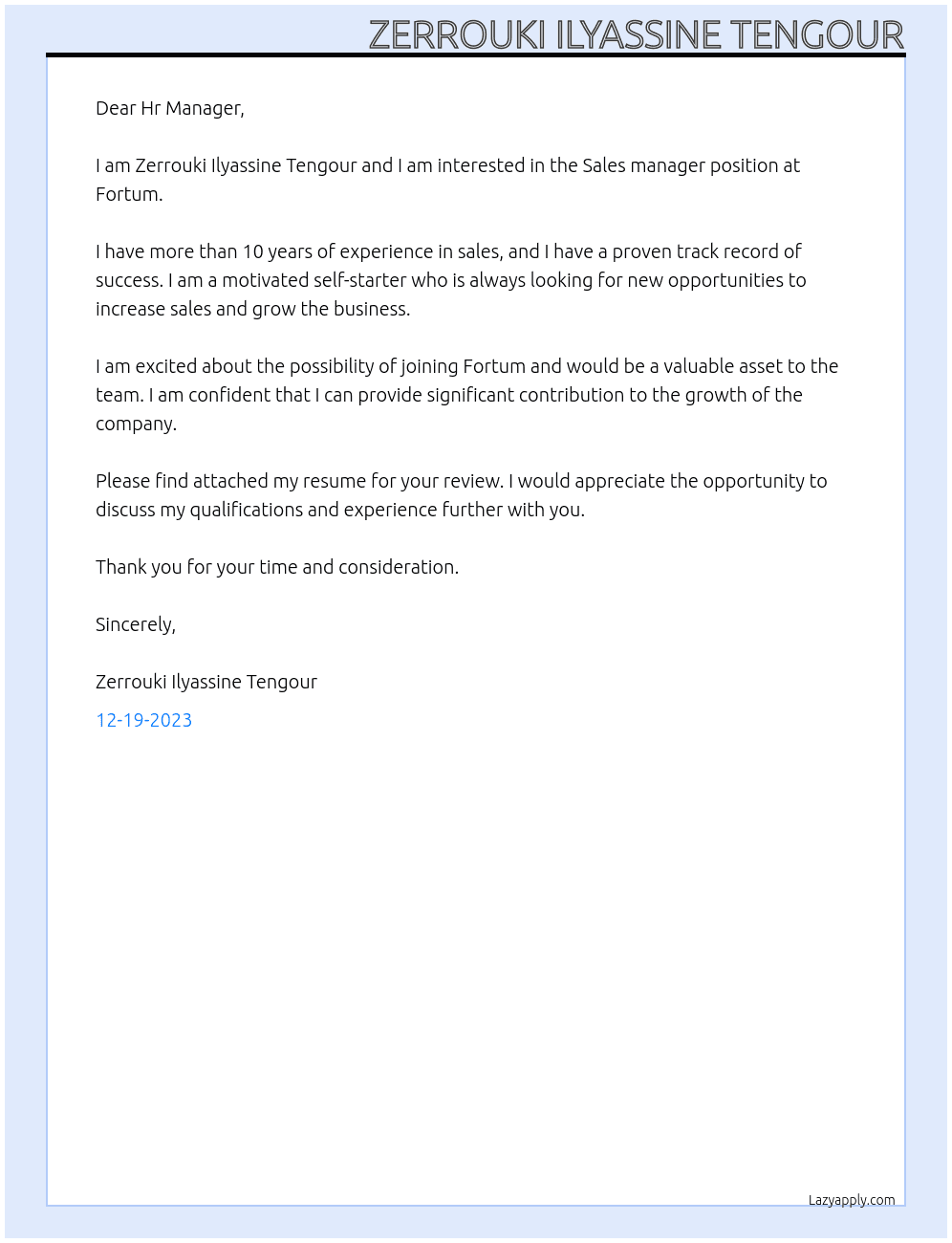 Sales manager At Fortum Cover Letter