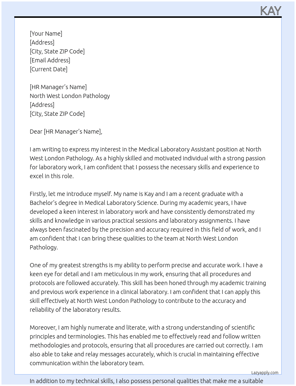 medical laboratory assistant At North West London Pathology Cover Letter
