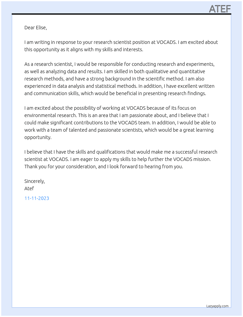Research Scientist At VOCADS Cover Letter