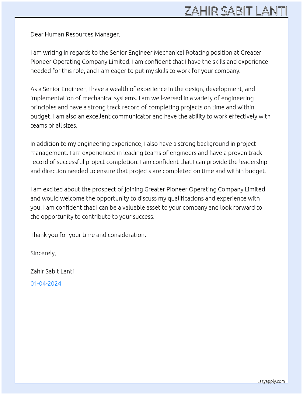 Senior Engineer Mechanical Rotating  At Greater Pioneer Operating Company Limited  Cover Letter