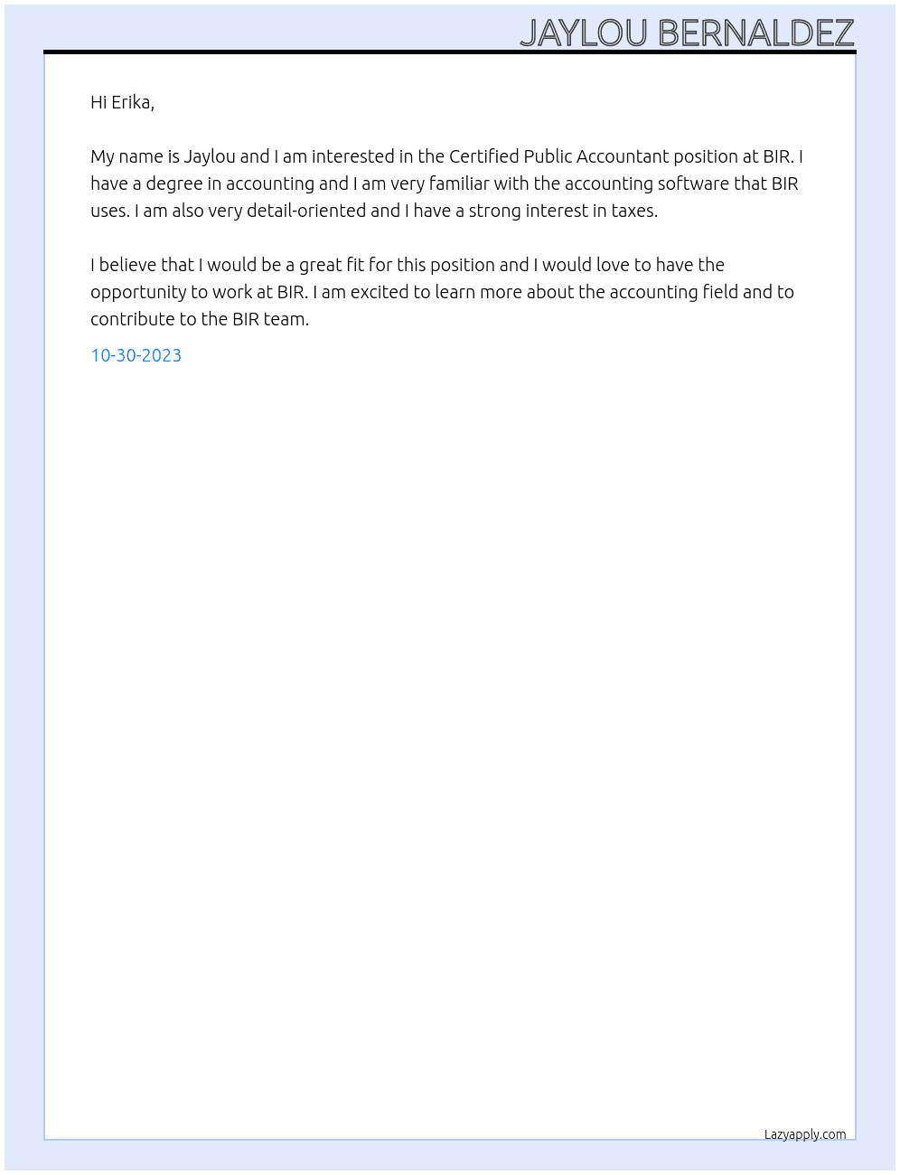 Certified Public Accountant At BIR Cover Letter