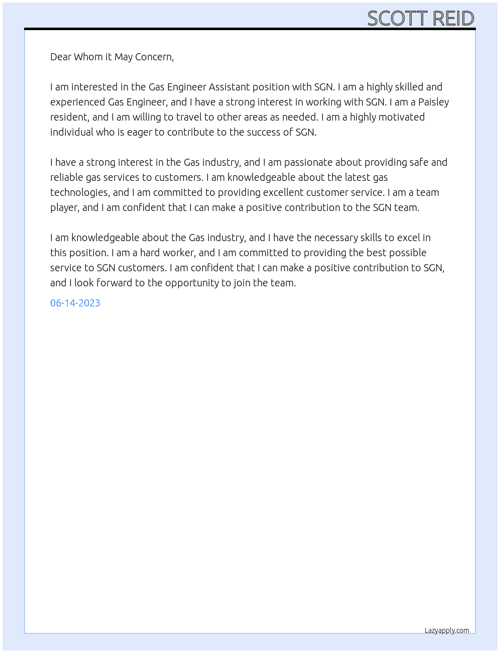 Gas Engineer Assistant At SGN Cover Letter