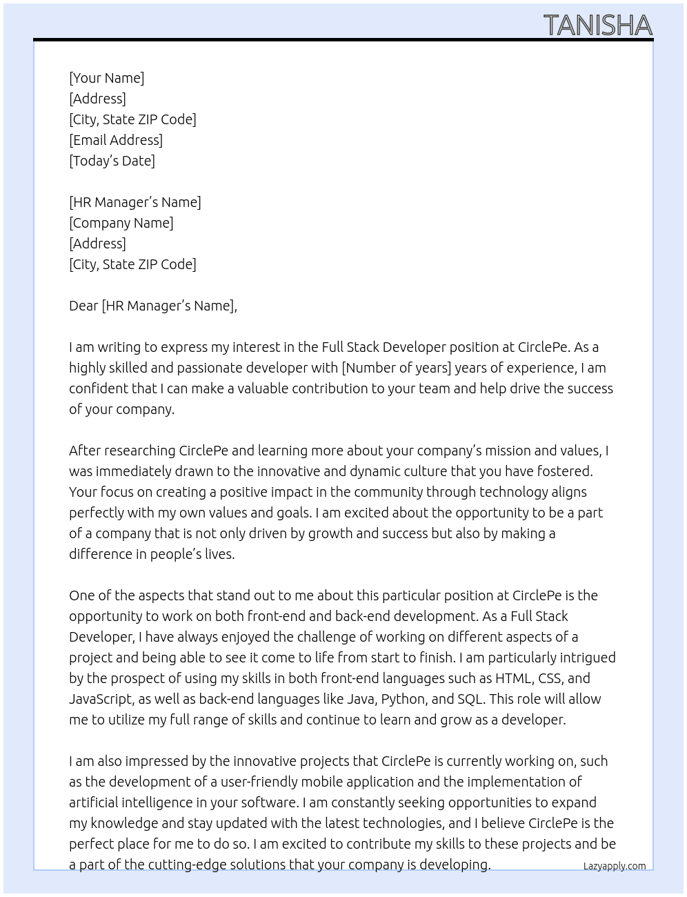 Full stack developer At CirclePe Cover Letter