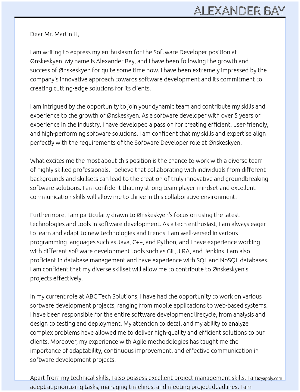 Software developer At Ønskeskyen Cover Letter