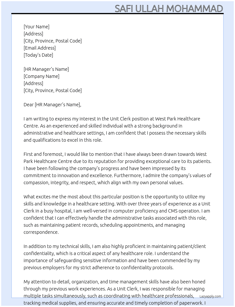 Unit Clerk At West Park Healthcare Centre Cover Letter