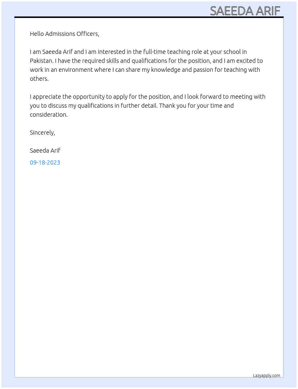 Teacher at school At Admissions in university of Garmany  Cover Letter