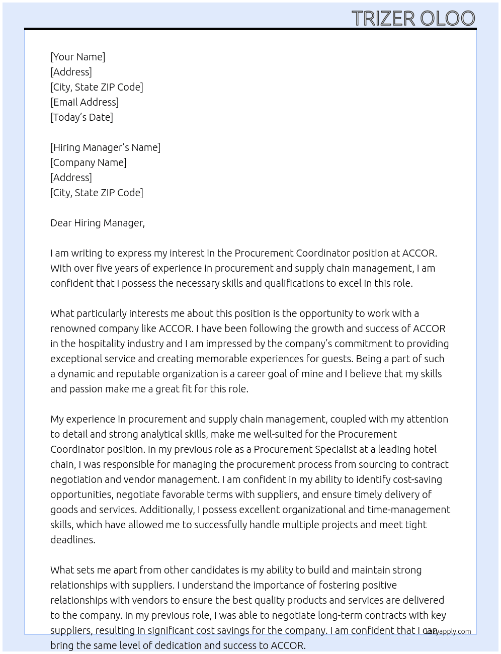 Procurement Coordinator At ACCOR Cover Letter