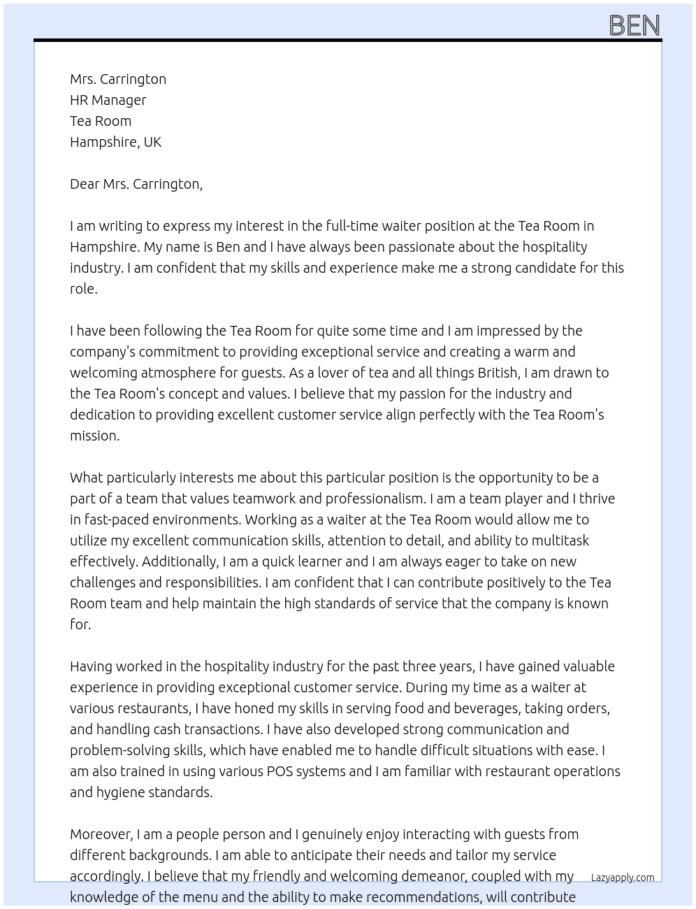 waiter At tea room Cover Letter