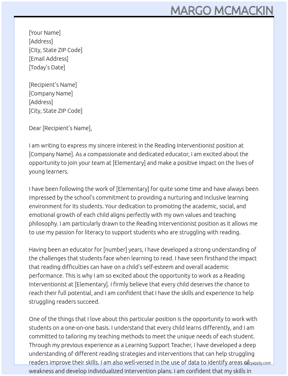 Reading Interventionist At Elementary Cover Letter