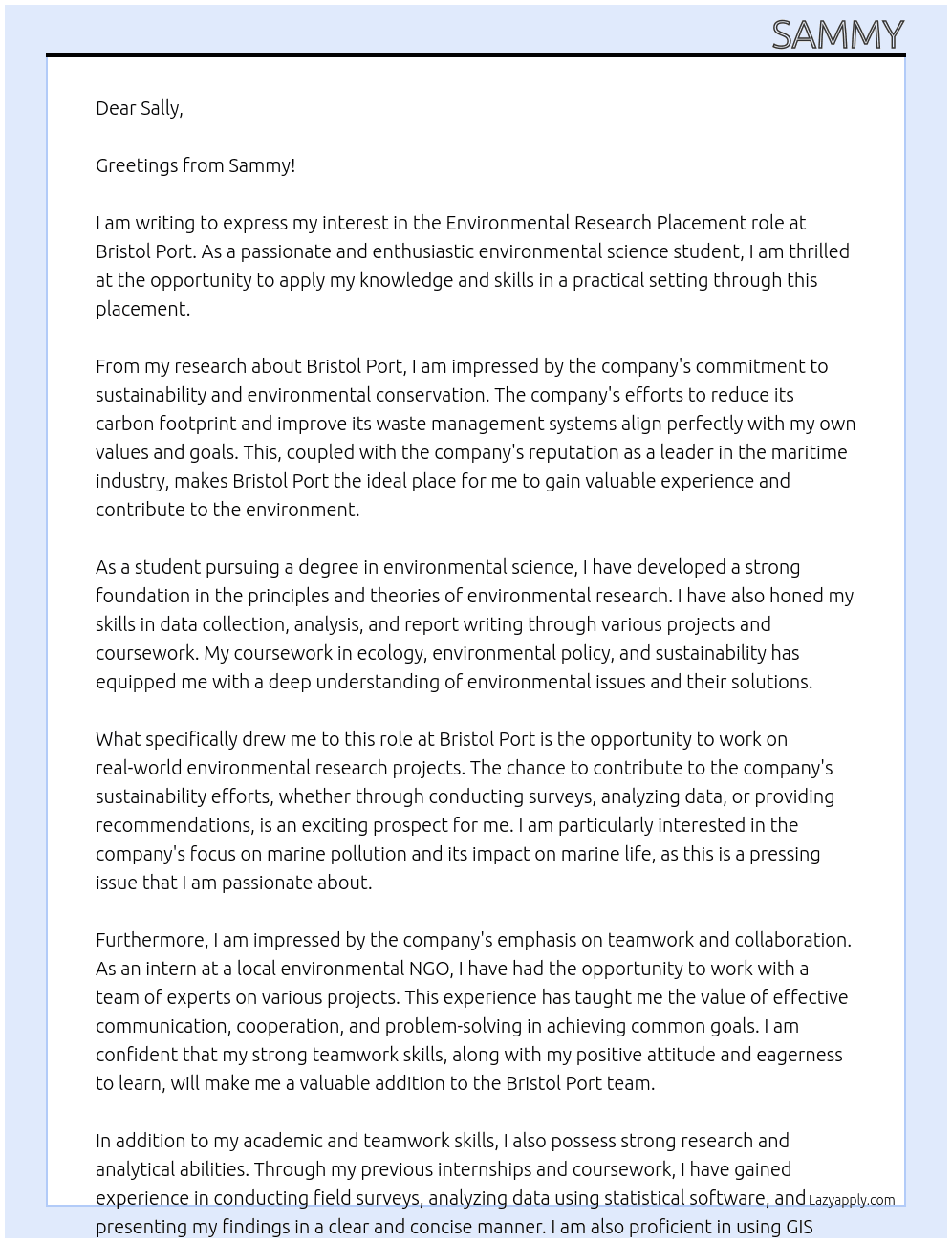 Environmental Research Placement At Bristol Port Cover Letter