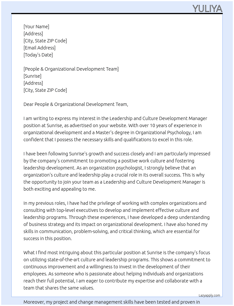 Leadership and Culture Development Manager  At Sunrise  Cover Letter