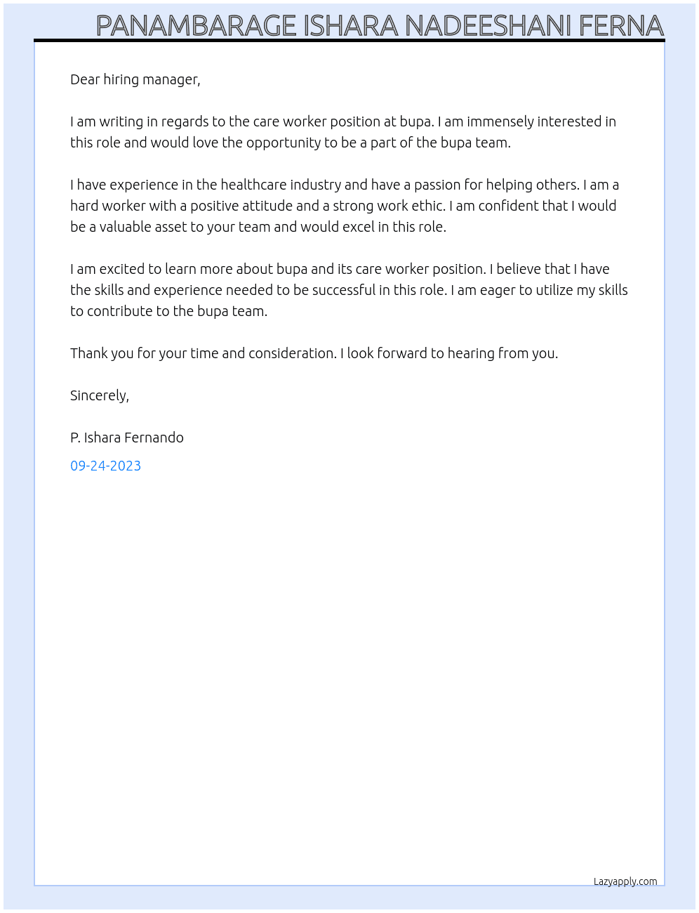 care worker At bupa Cover Letter