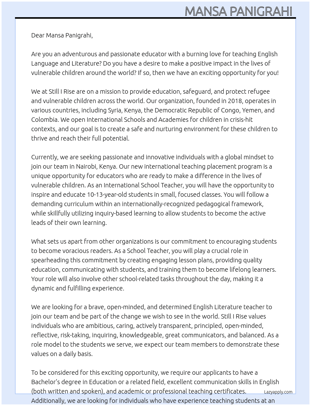 English Teacher  At Still I Rise Cover Letter