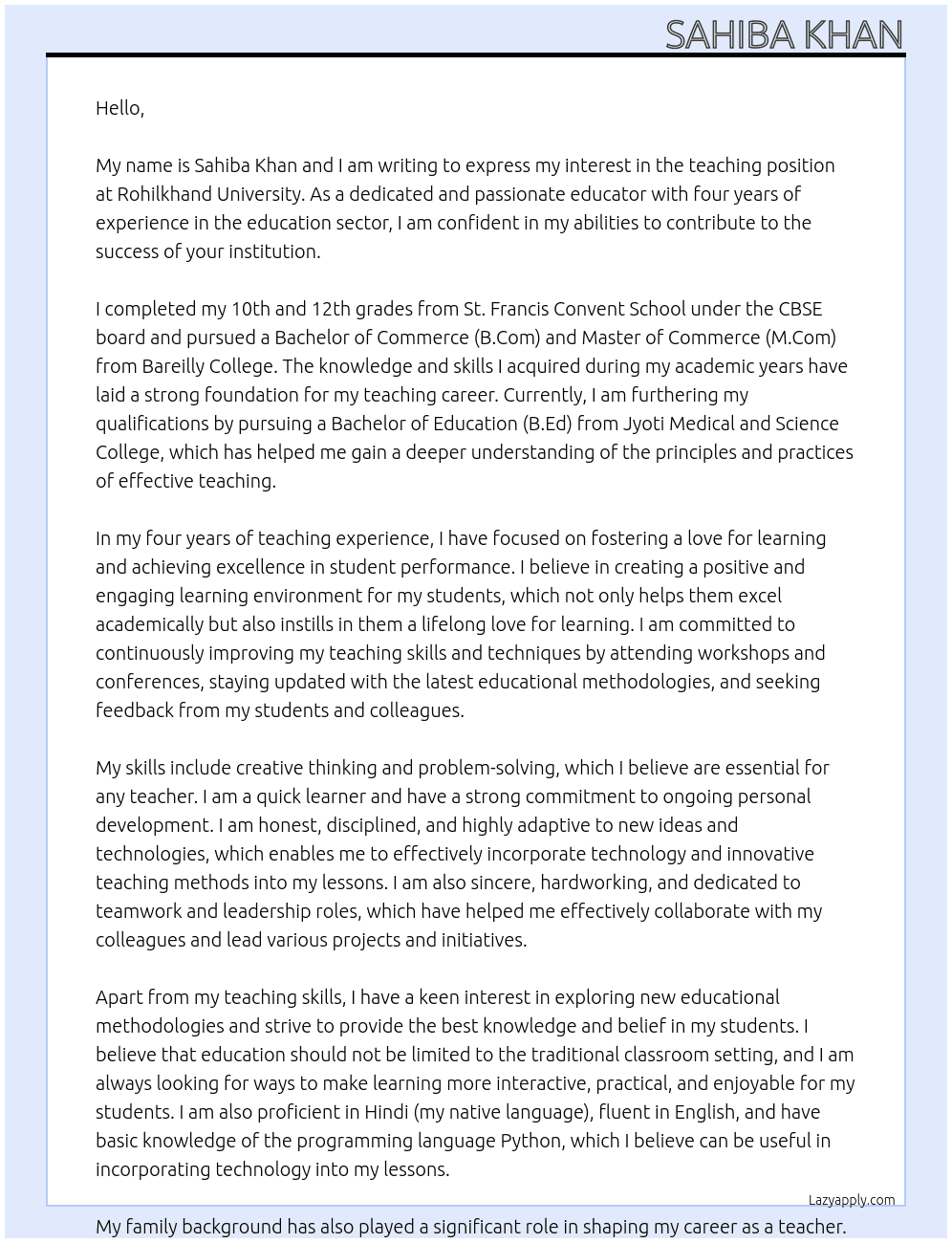 Teaching At Rohilkhand University Cover Letter