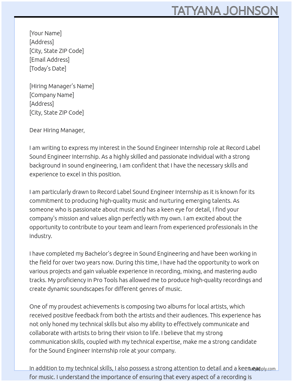 Sound Engineer At Record Label Sound Engineer Internship Cover Letter