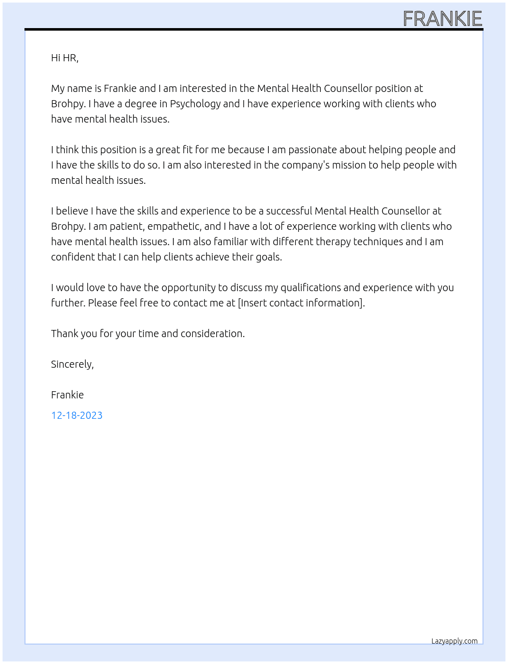 Mental Health COunsellor At Brohpy Cover Letter