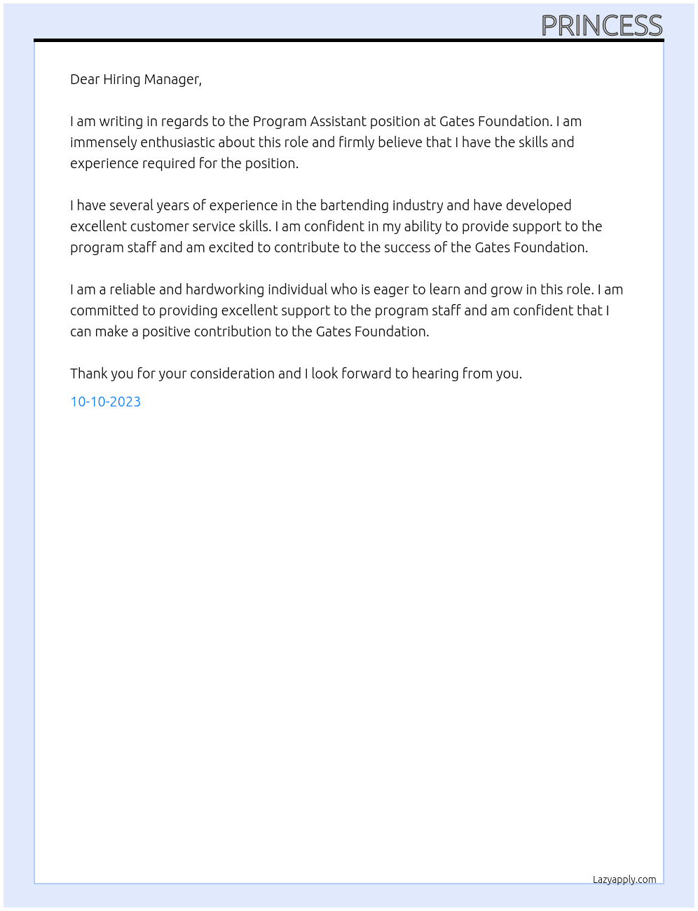 Program Assistant  At Gates Foundation  Cover Letter