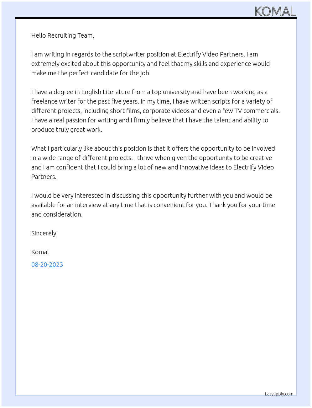 Scriptwriter At Electrify Video Partners Cover Letter