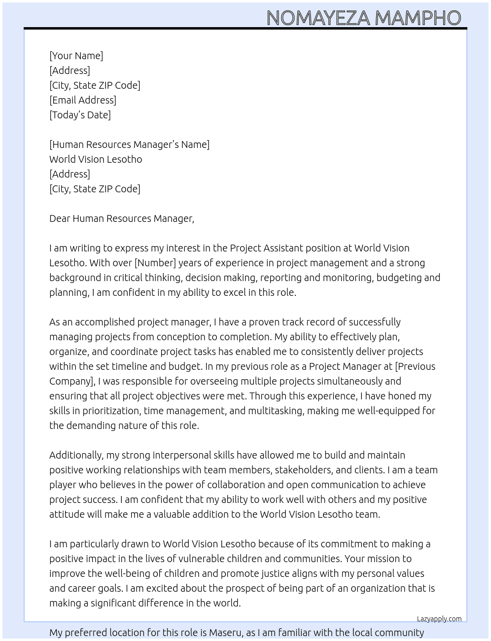 Project Assistant  At World Vision Lesotho  Cover Letter