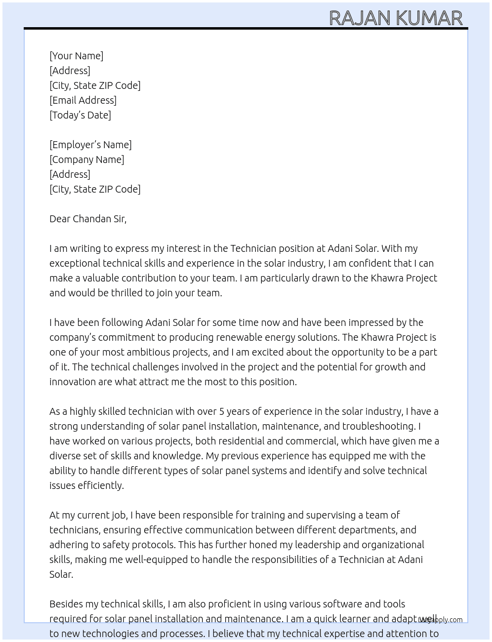 Technician  At Adani solar  Cover Letter