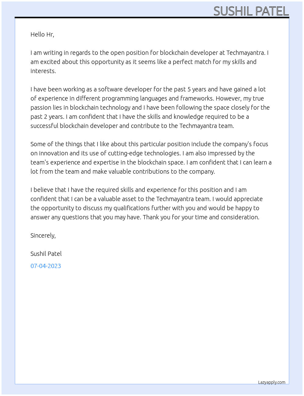 blockchain developer At techmayantra Cover Letter