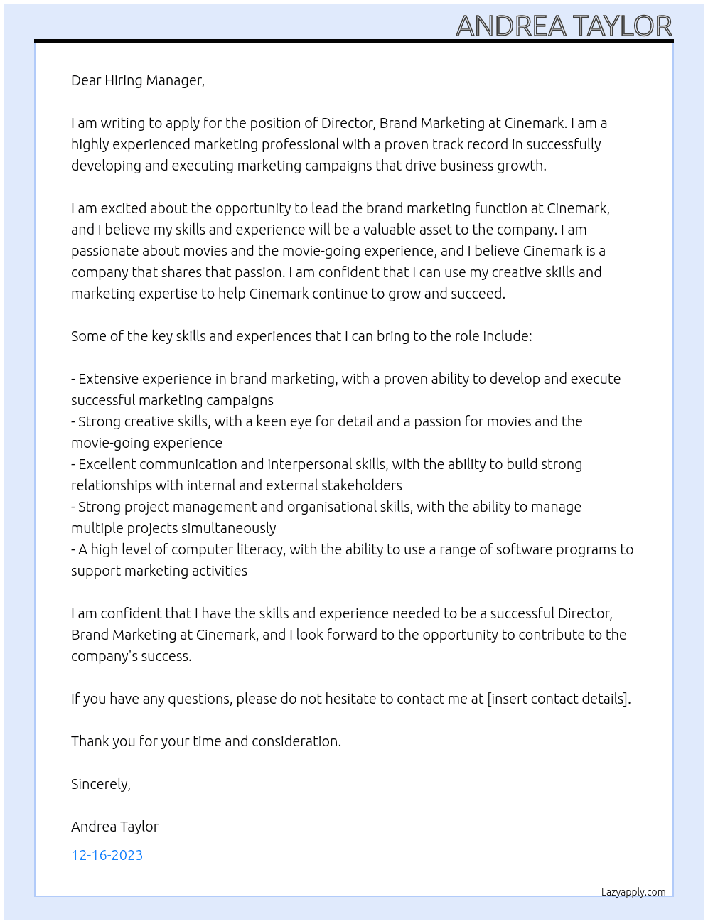Director, Brand Marketing At Cinemark Cover Letter