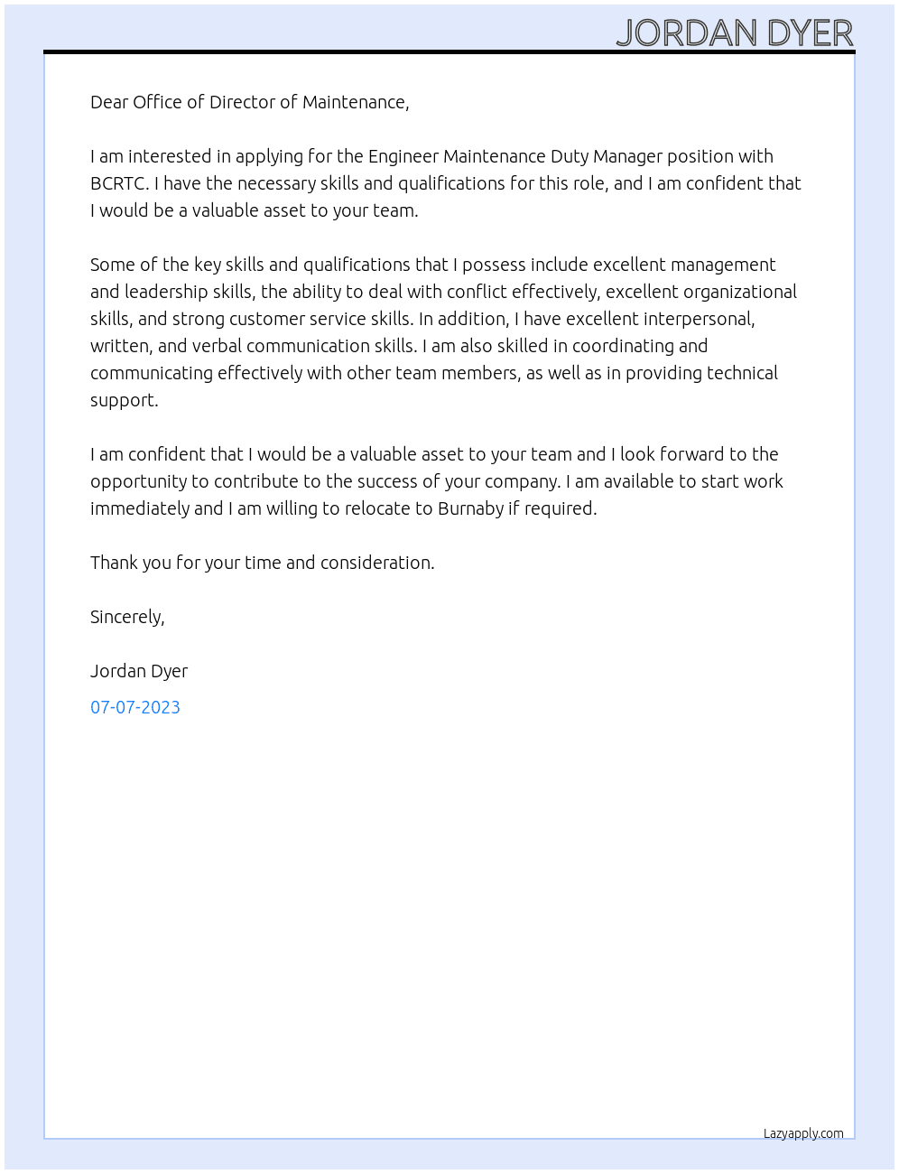Engineer Maintenance Duty Manager  At BCRTC Cover Letter