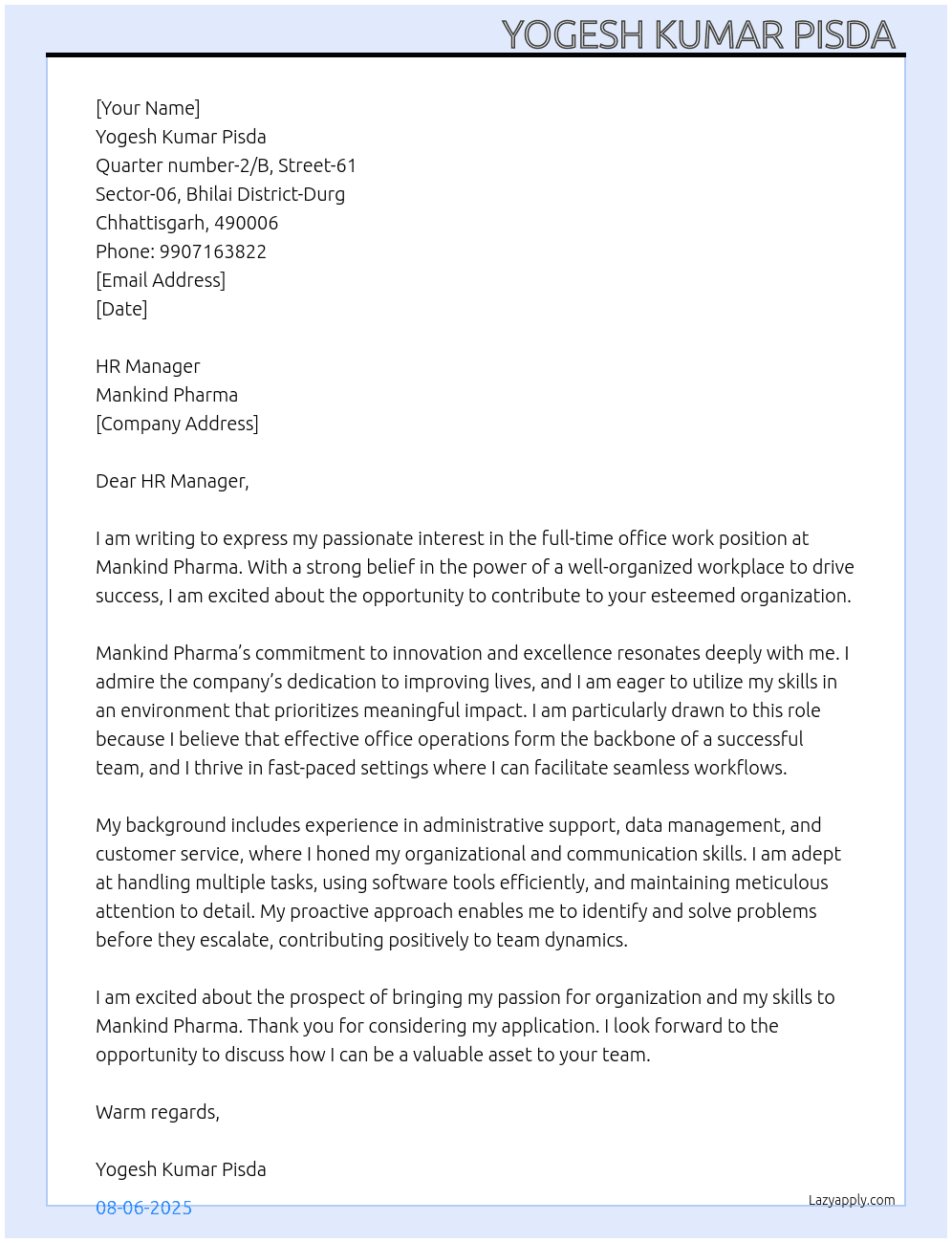 Office work  At Mankind pharma  Cover Letter