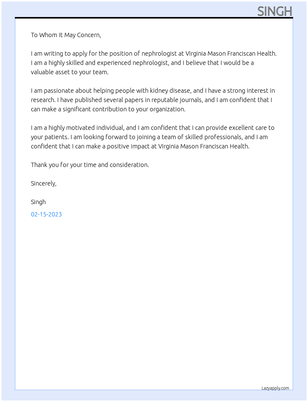 nephrologist At Virginia Mason Franciscan Health  Cover Letter