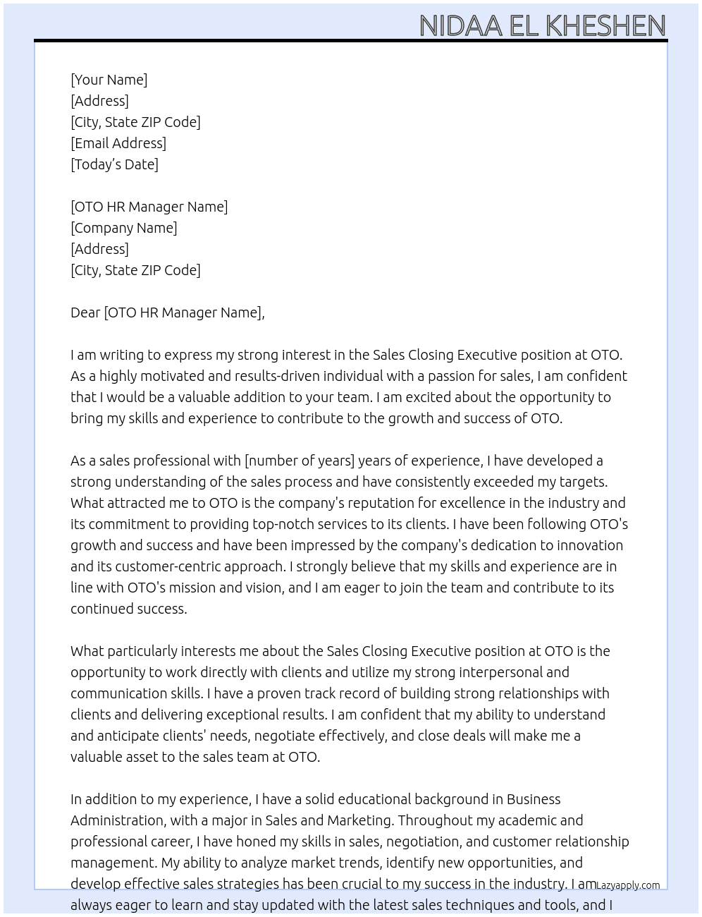 Sales Closing Executive At OTO Cover Letter