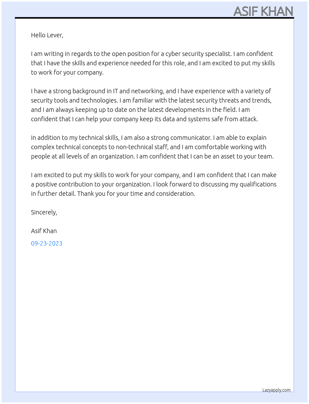 cyber security At lever Cover Letter