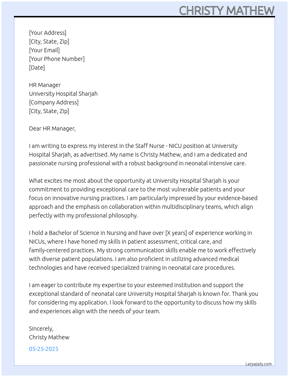 Staff Nurse NICU At University Hospital Sharjah Cover Letter