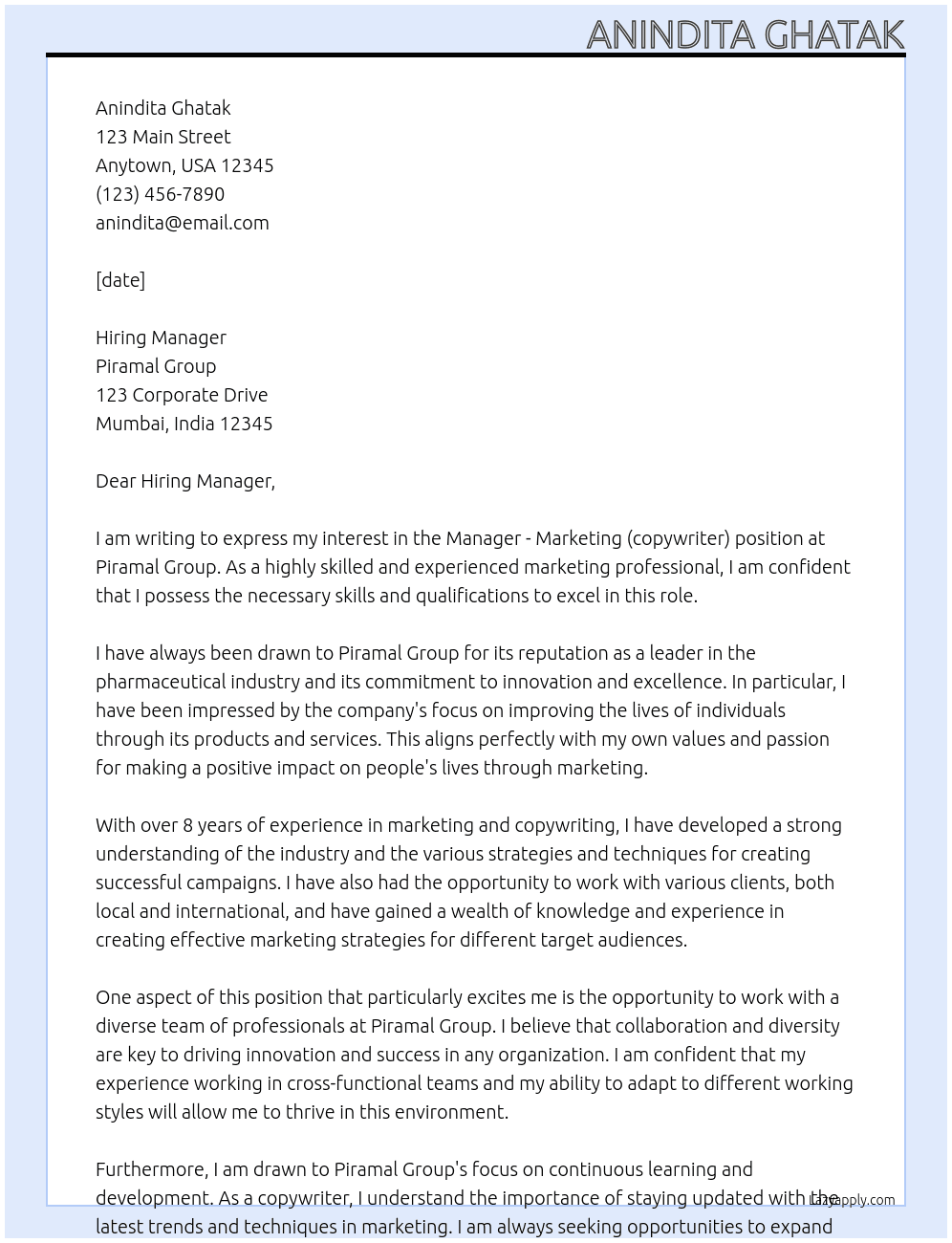 Manager - Marketing (copywriter) At Piramal Group Cover Letter
