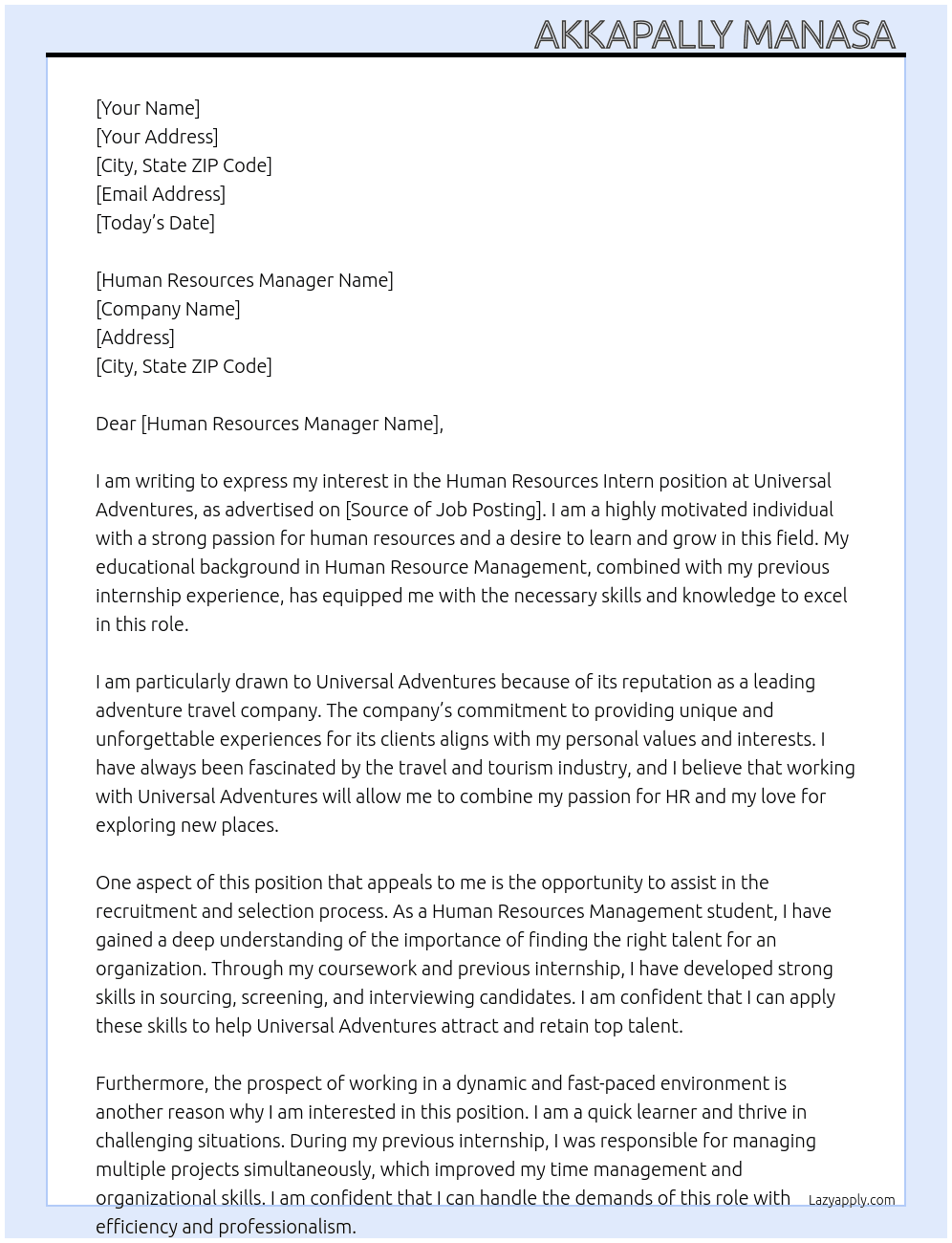 Human resources Intern  At Universal Adventures  Cover Letter